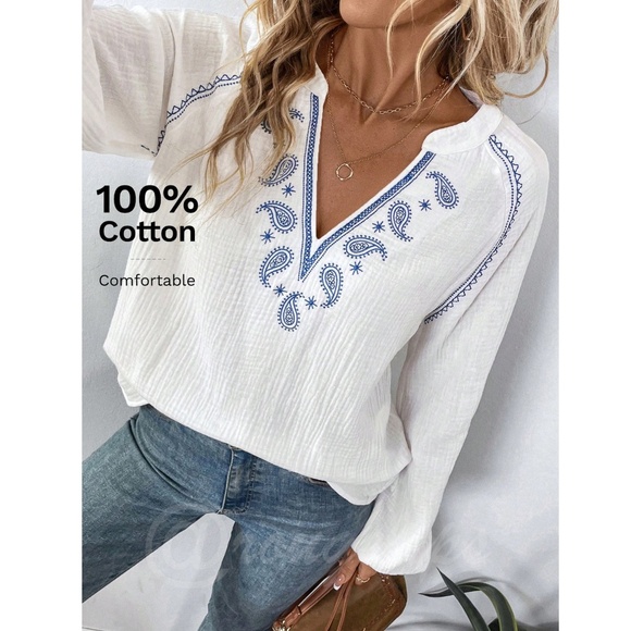 100% Cotton Embroidered White Long Sleeve Shirt V-Neck - Picture 1 of 14